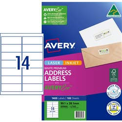 Avery Premium Address Labels White Laser Inkjet AveryEco L7163 99.1x38.1mm 14UP 1400 Lb