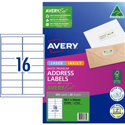 Avery Premium Address Labels White Laser Inkjet AveryEco L7162 99.1 x 34mm 16UP 320 Lab