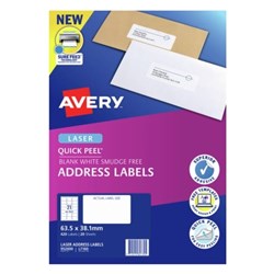 Avery Quick Peel Address Laser Labels White L7160 63.5x38.1mm 21UP 420 Labels 20 Sheets
